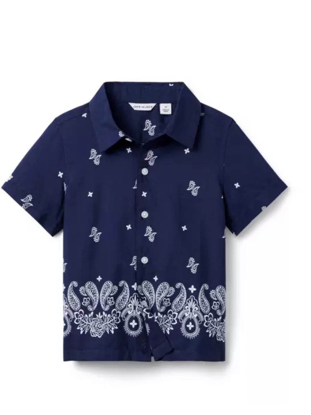 Janie and Jack. The Bandana Shirt
Color: Merchant Marine Paisley
Size: 12-18m